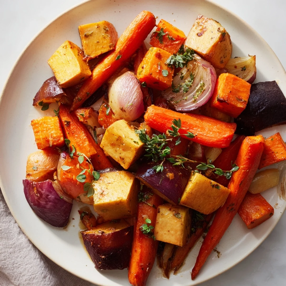 Golden and tender Roasted Root Vegetables with Honey, beautifully caramelized, ready for serving alongside your main course.