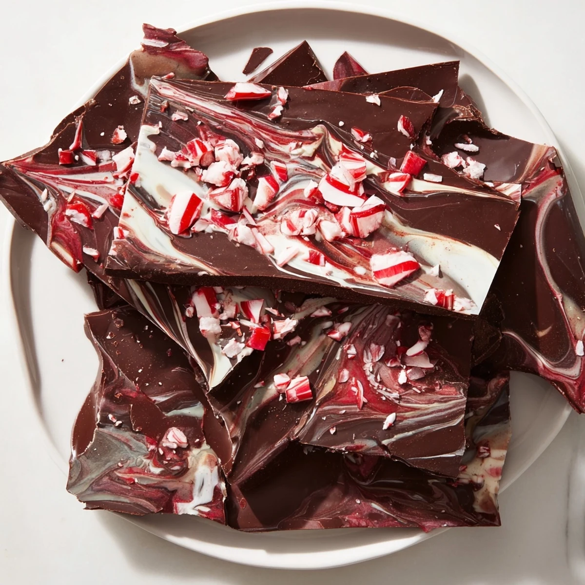 A close-up of Dark Chocolate Peppermint Bark, showcasing rich layers and vibrant crushed peppermint.