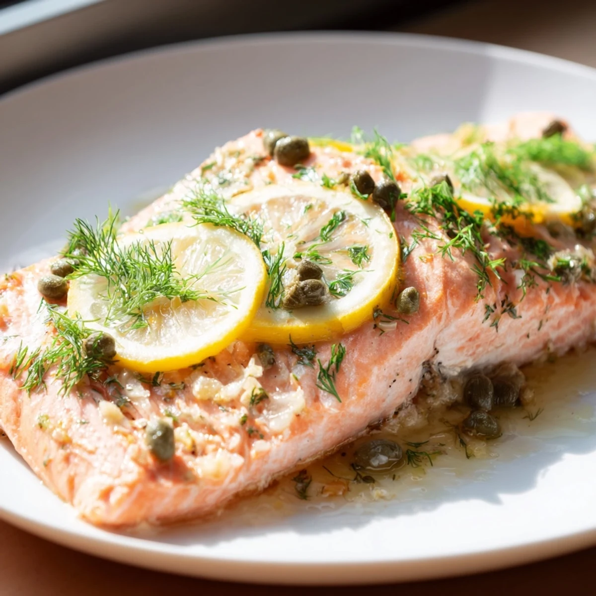 Flaky, baked salmon with lemon and dill, offering bright flavors and a beautiful presentation.