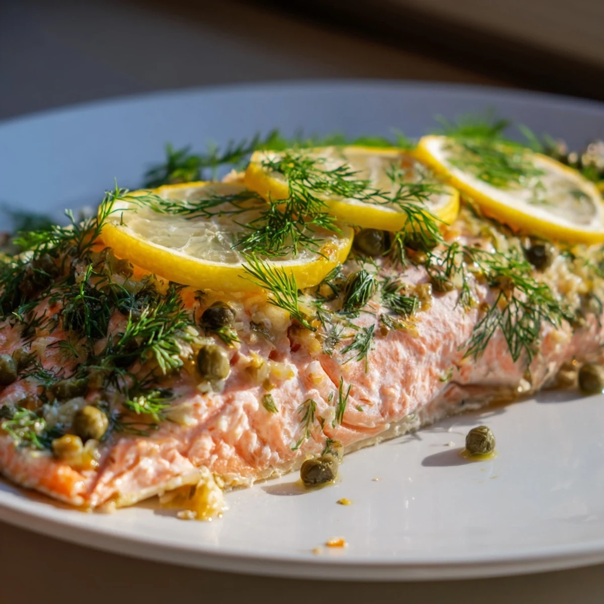Enjoy a healthy and delicious baked salmon, accented with fresh lemon and dill, perfect for tonight.