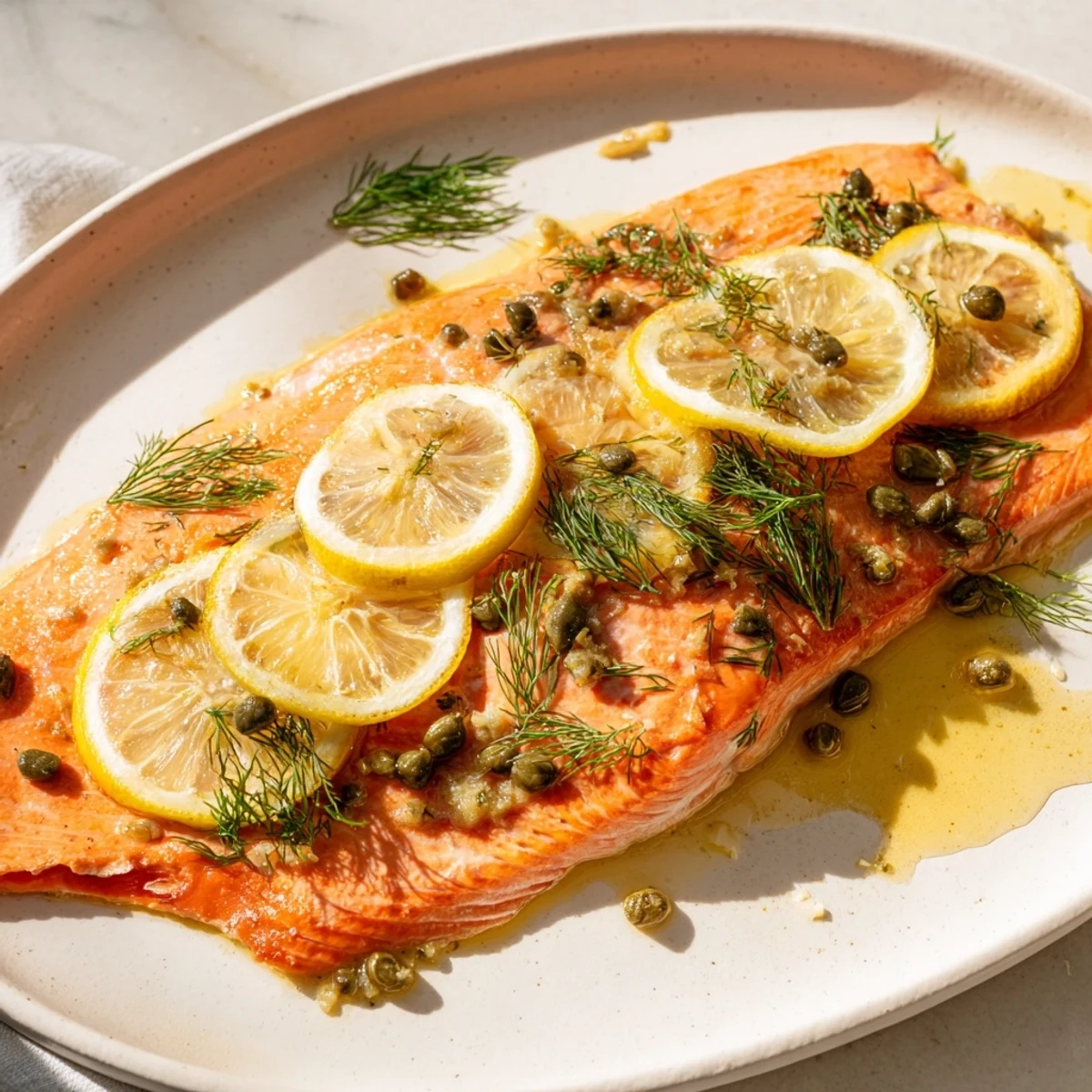 Golden-brown baked salmon, infused with lemon and dill, ready to be served for dinner.