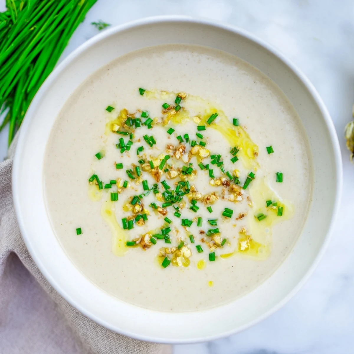 Enjoy a comforting bowl of Creamy Roasted Cauliflower Soup, perfect for a cozy, delicious meal.