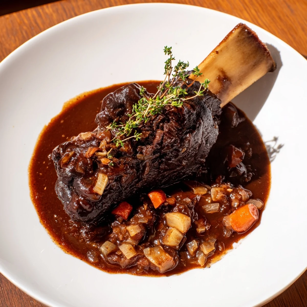 Tender Slow Braised Beef Short Ribs glistening in a savory red wine sauce, ready to serve.