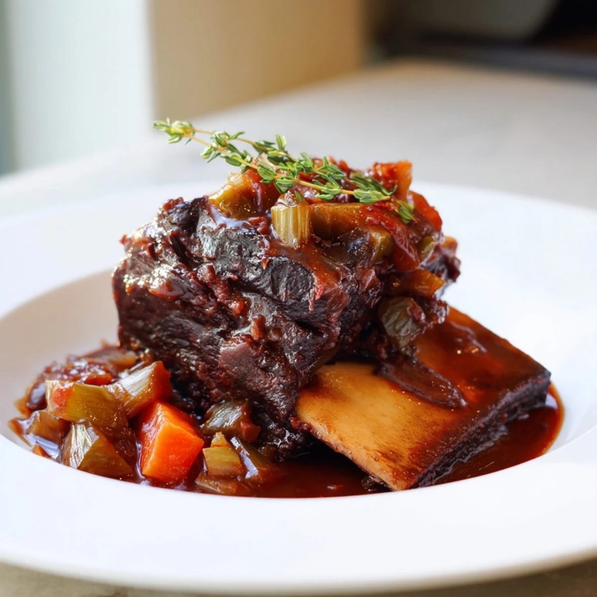 Rich and hearty Slow Braised Beef Short Ribs, plated with its flavorful sauce and herbs.