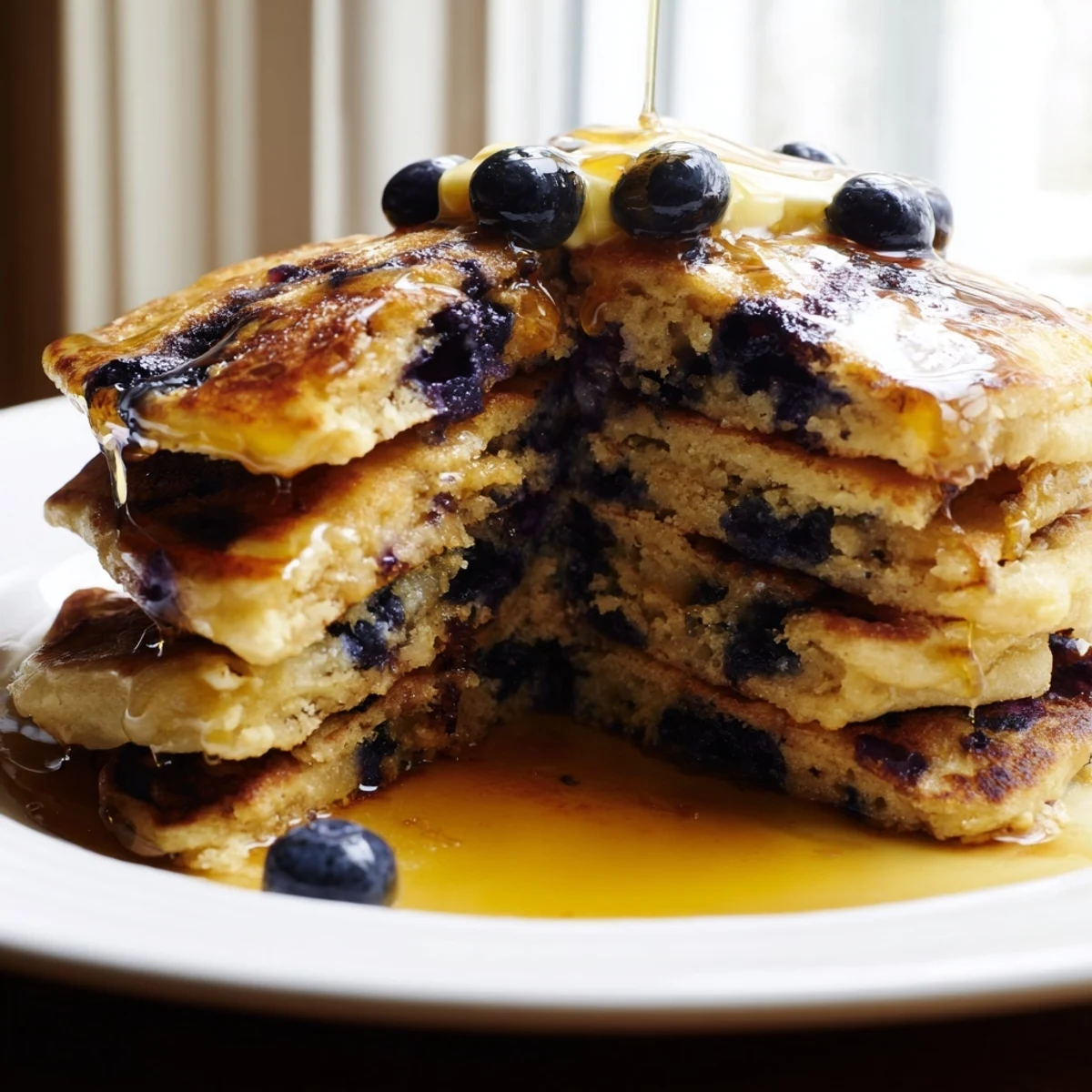 Golden blueberry pancakes, fluffy and piled high, drizzled with maple syrup for a perfect brunch.