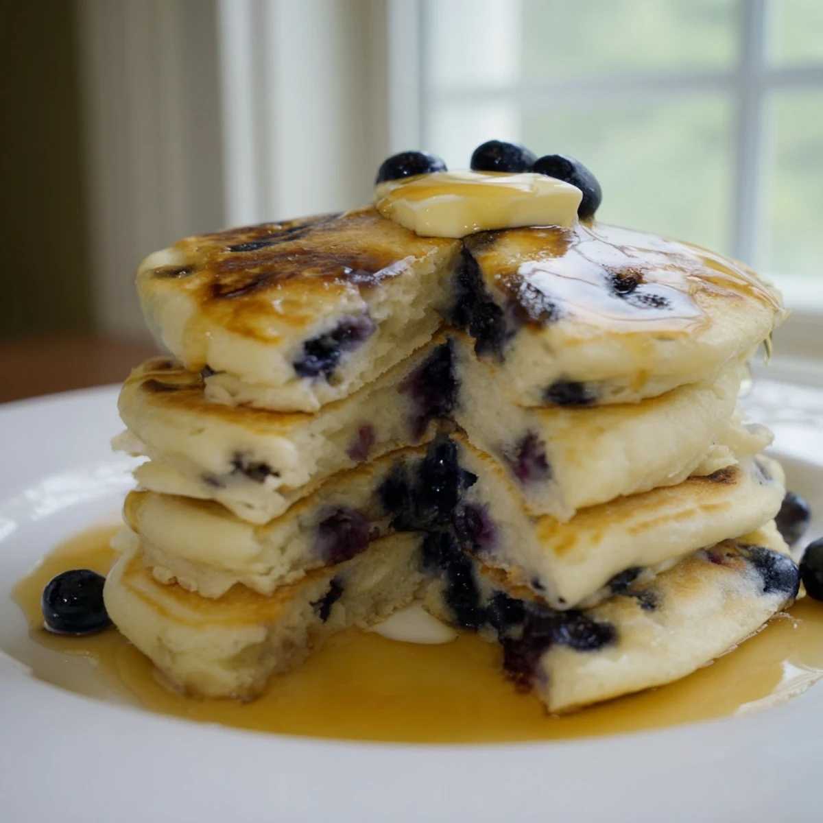 A stack of delicious Blueberry Pancakes, featuring plump blueberries and a beautifully browned, tender texture.