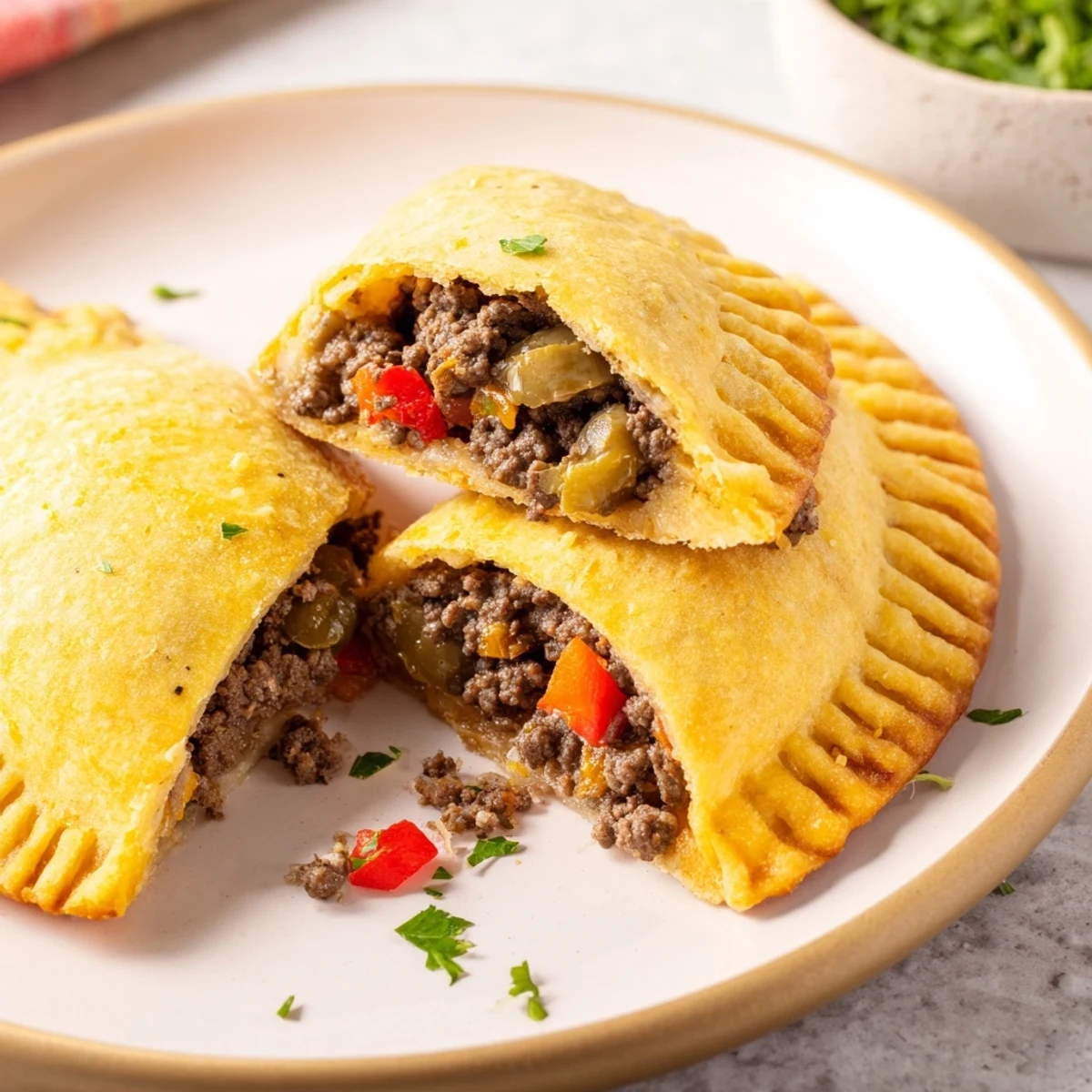 Golden-brown beef empanadas with flaky crust, filled with savory, spiced ground beef filling ready to eat.