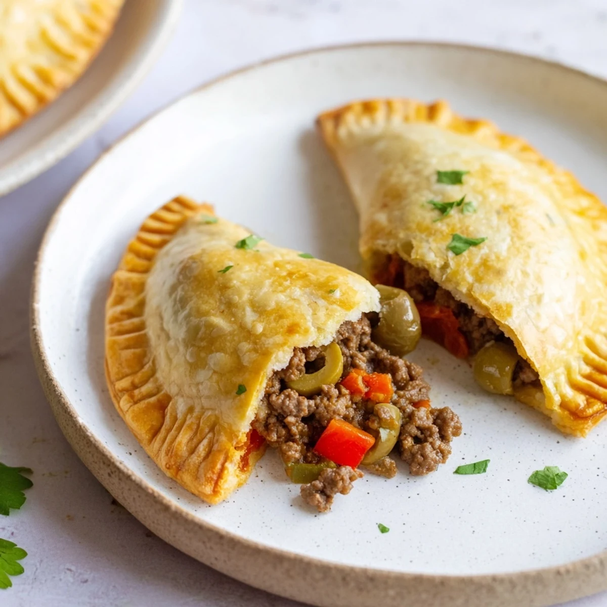 Close-up of freshly baked beef empanadas, their crimped edges and delicious aroma inviting a satisfying bite.