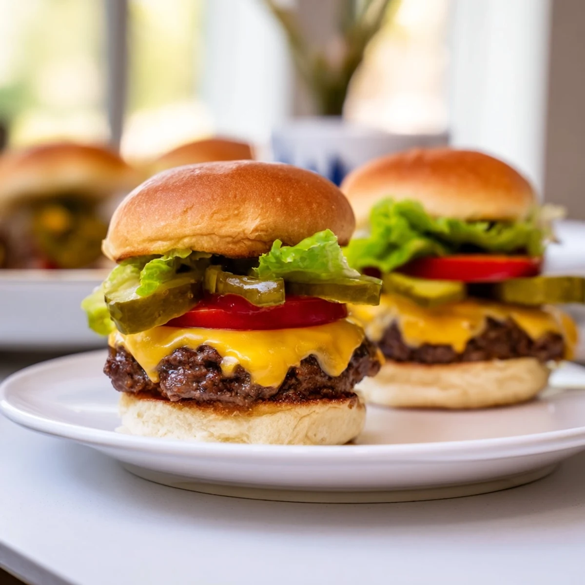Freshly assembled Beef Sliders, a classic American treat with crisp lettuce and tomato slices.