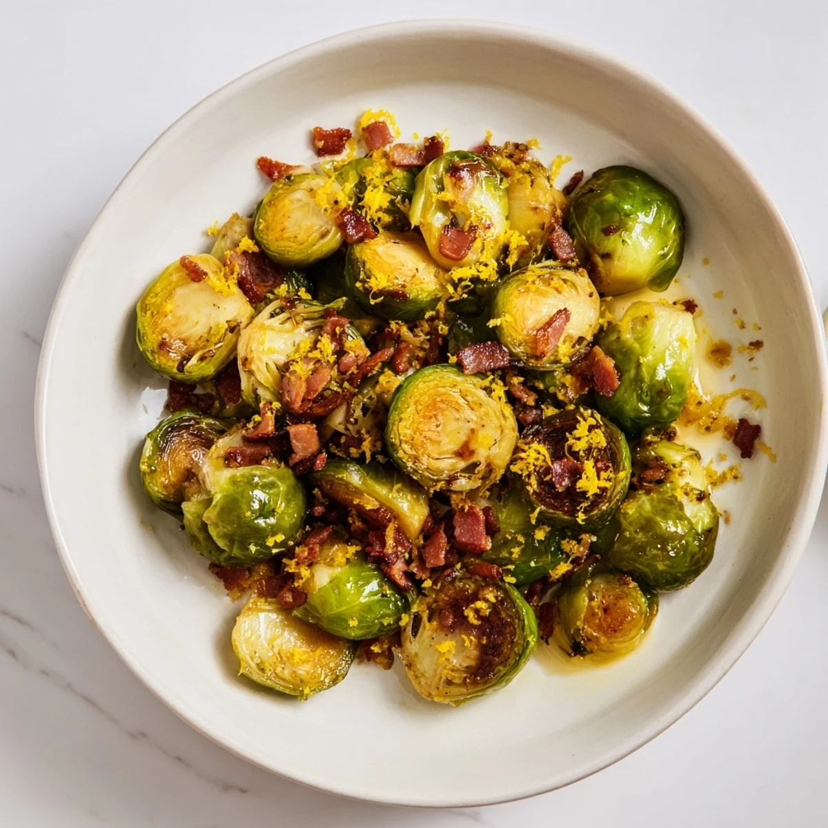 Close-up of savory Brussels sprouts with beef bacon, offering a mix of textures and smoky flavors.
