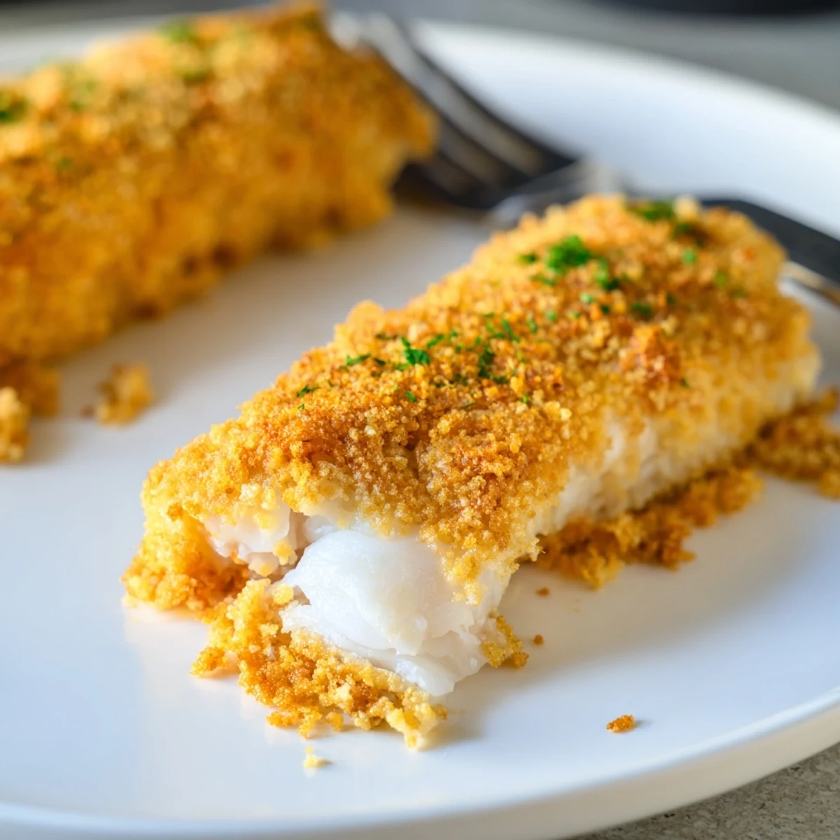 Golden-brown crumbed cod fillets, beautifully crispy, ready to be served with lemon wedges.