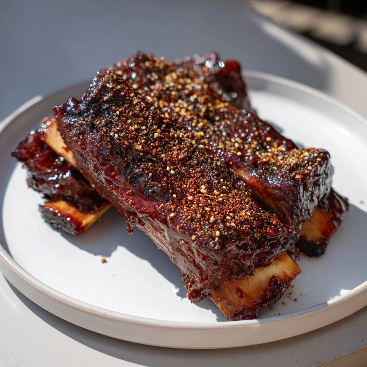 Tender, smoky beef ribs, glazed and glistening, ready for a delicious American barbecue feast.