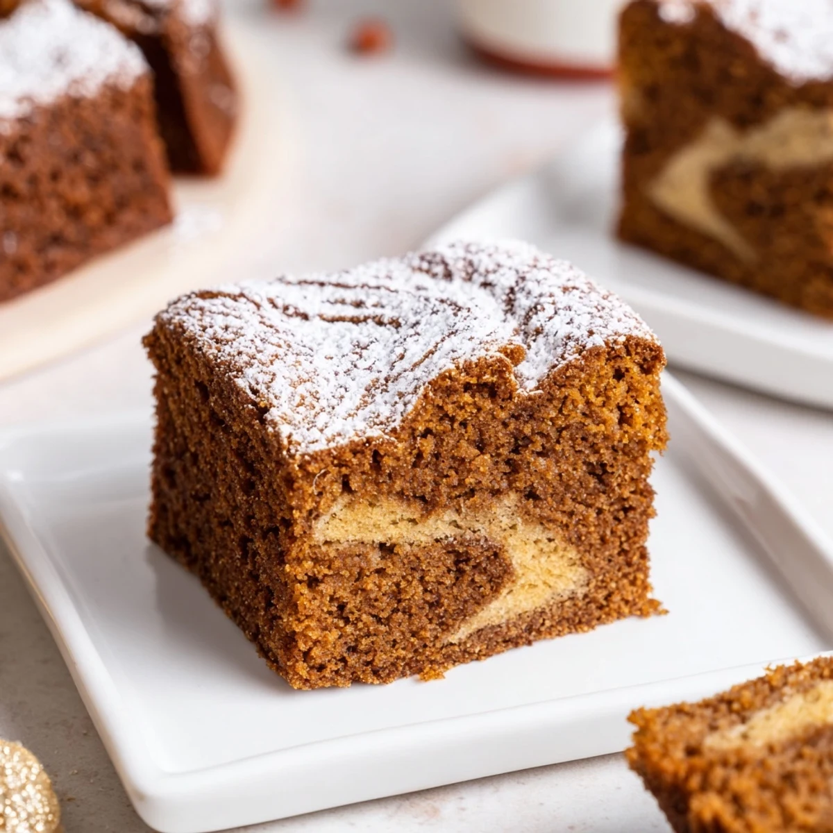 A slice of moist Gingerbread Cake, dusted with powdered sugar, appearing inviting and full of holiday flavors.