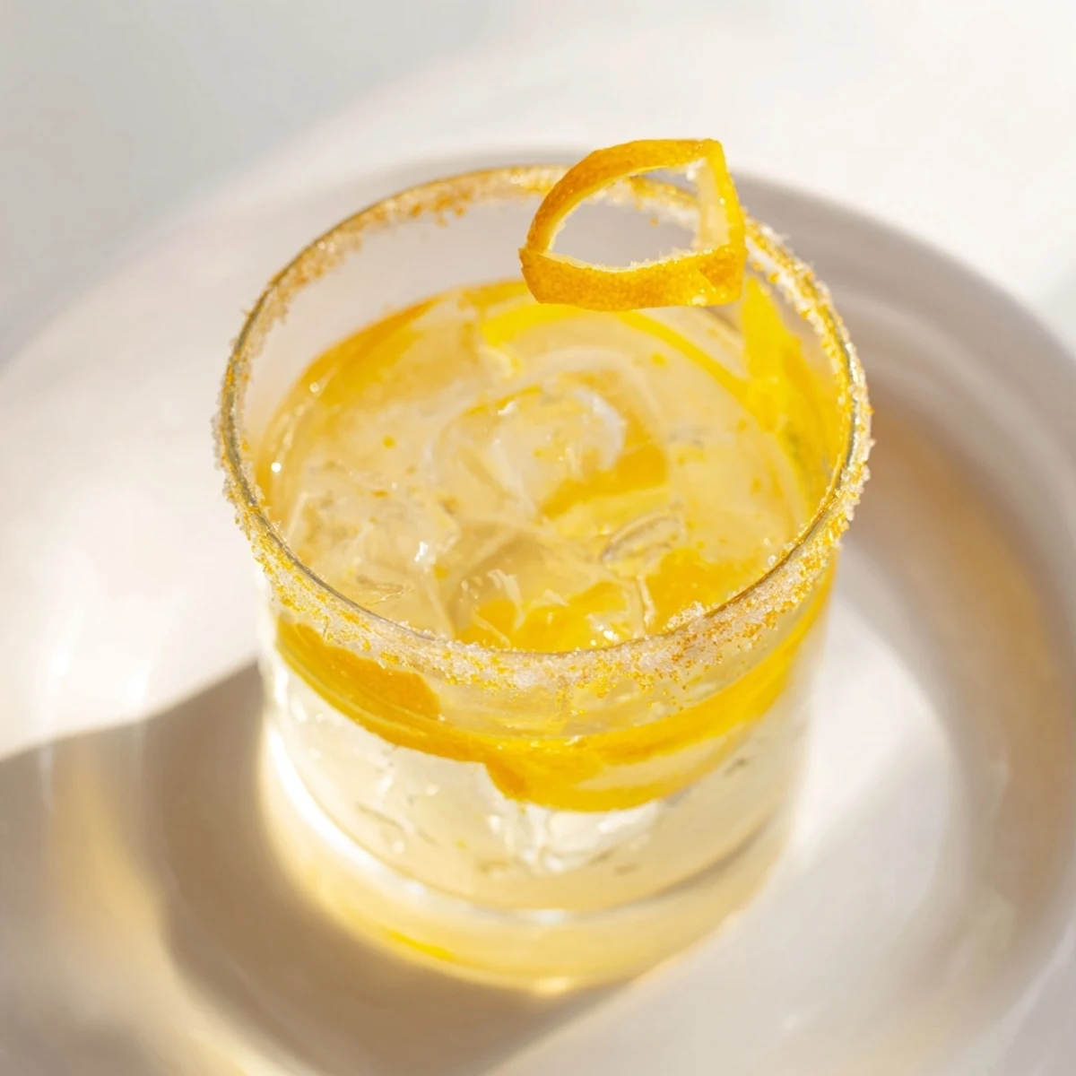 Chilled Drop Lemon cocktail, a beautiful golden color, garnished with a vibrant lemon twist.