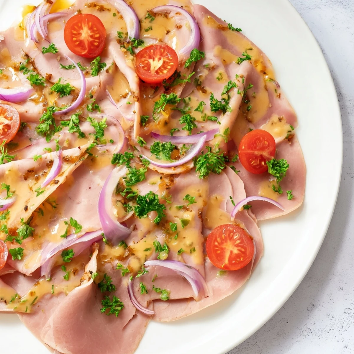 Beautifully arranged Ham and Turkey Platter, drizzled with honey mustard, ready for a festive gathering.