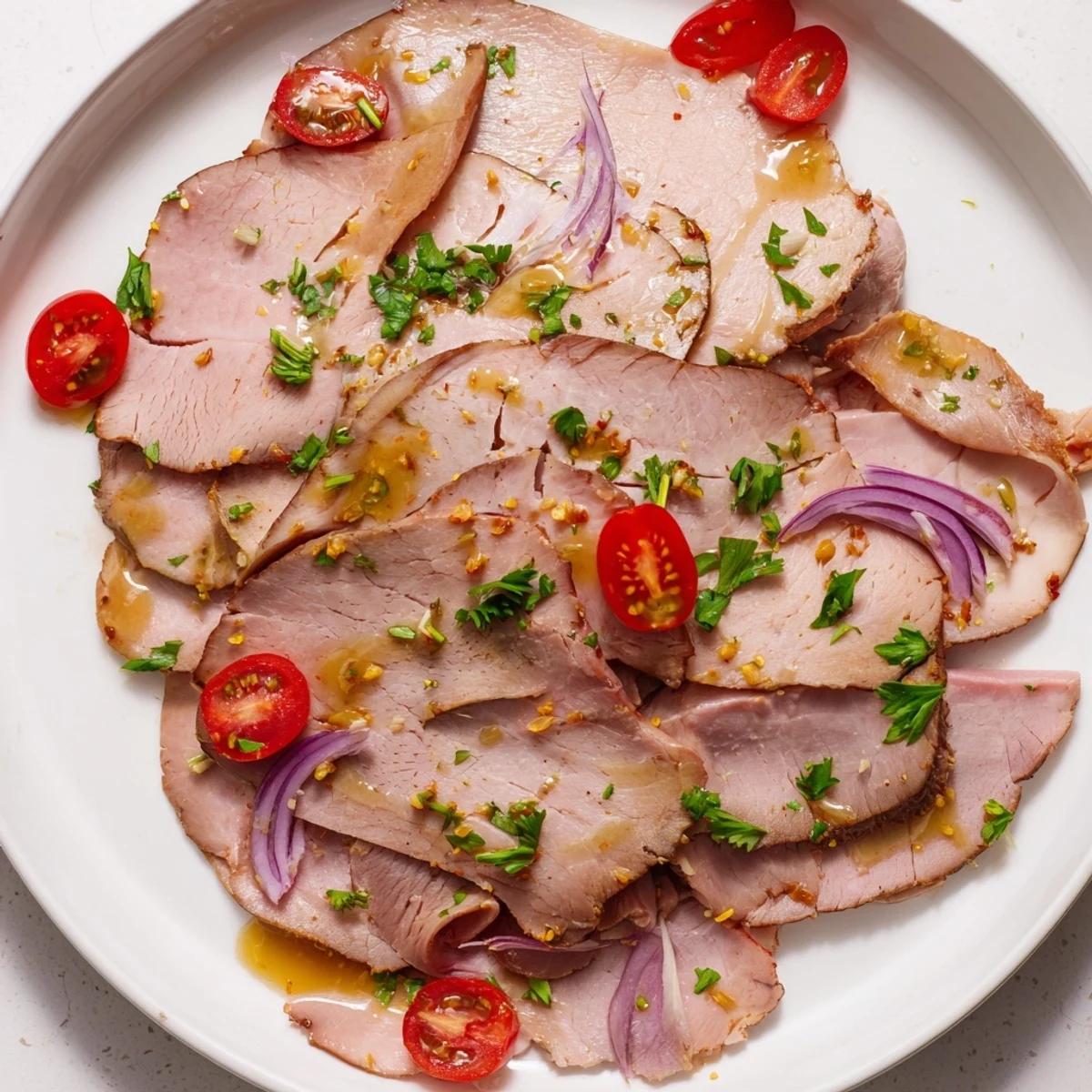A visually appealing platter of Ham and Turkey, perfect for a quick, gluten-free meal with fresh, colorful toppings.