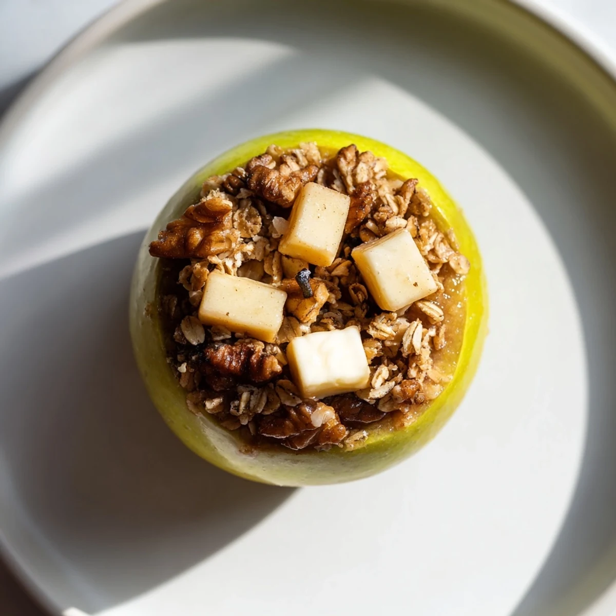 Warm baked apples, golden brown with a sweet oat filling, ready for a cozy dessert.