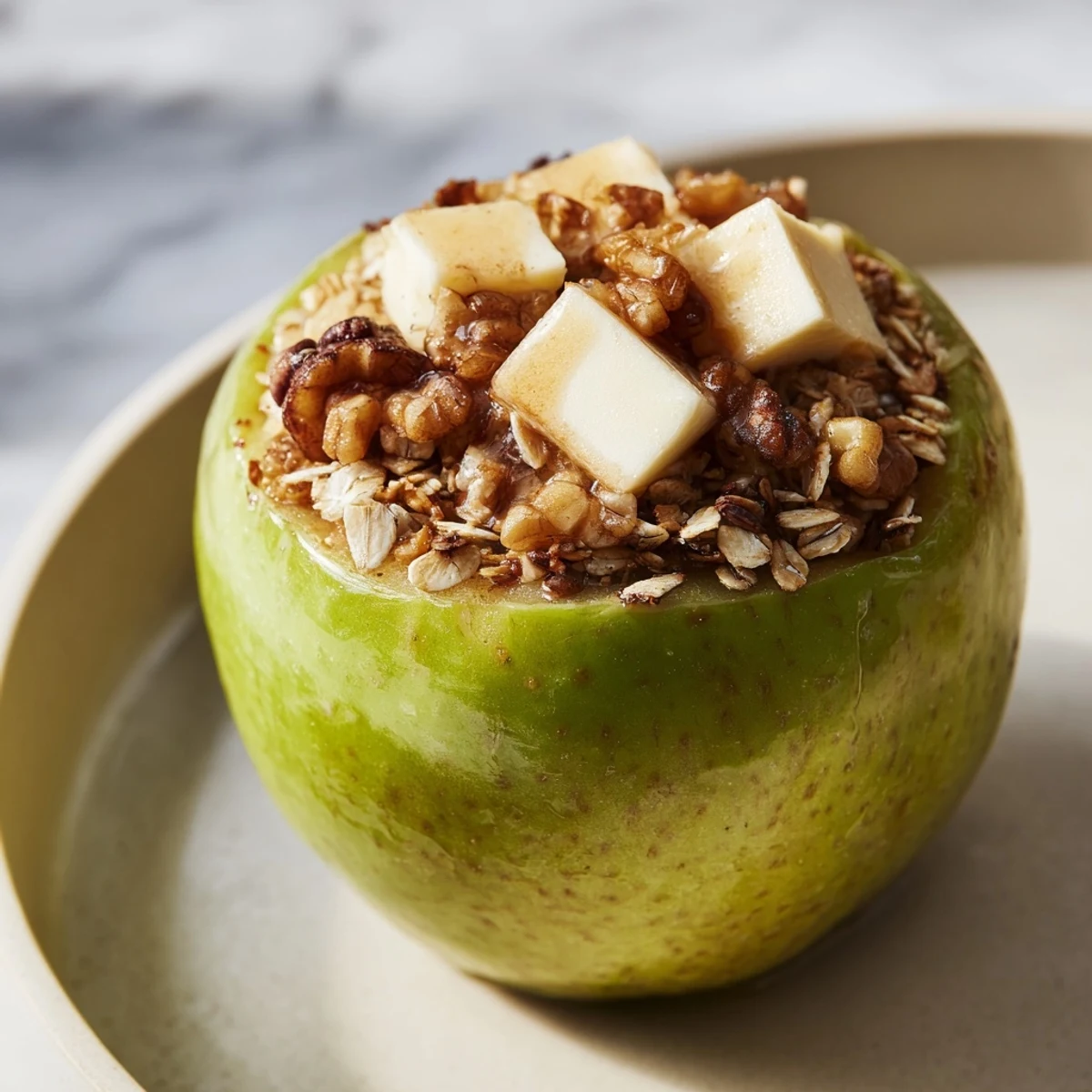 Close-up of baked apples, glistening with butter and spices, perfect for a comforting American dessert.