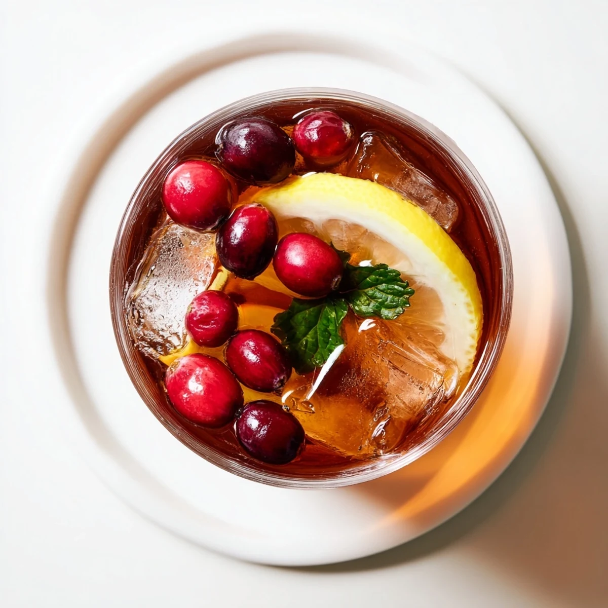 Chilled tea cranberry beverage, with vibrant red hue, garnished with fresh cranberries and lemon slices.