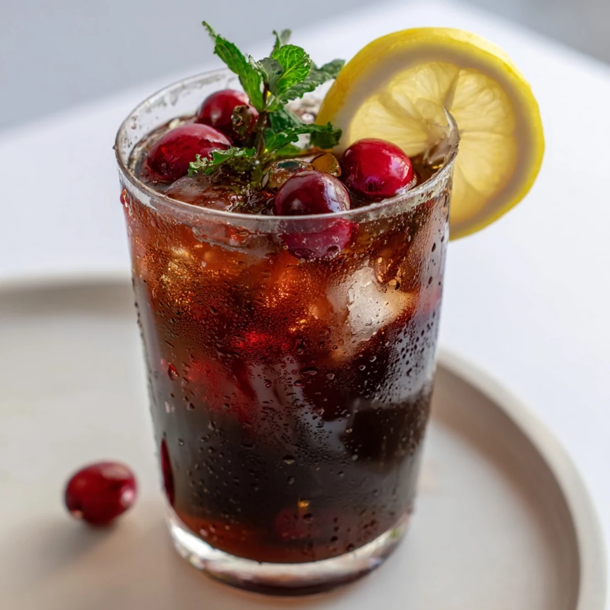 Refreshing tea cranberry drink, sweet and tart, served over ice, perfect for a picnic.