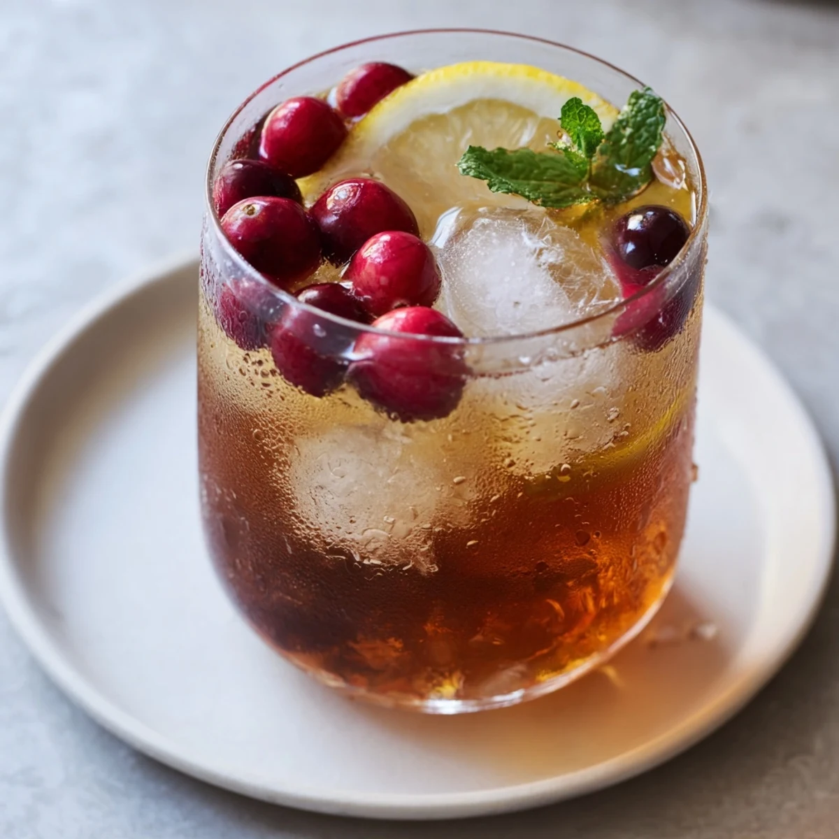Tall glass of tea cranberry, a beautiful ruby color, perfect to cool down on a hot day.
