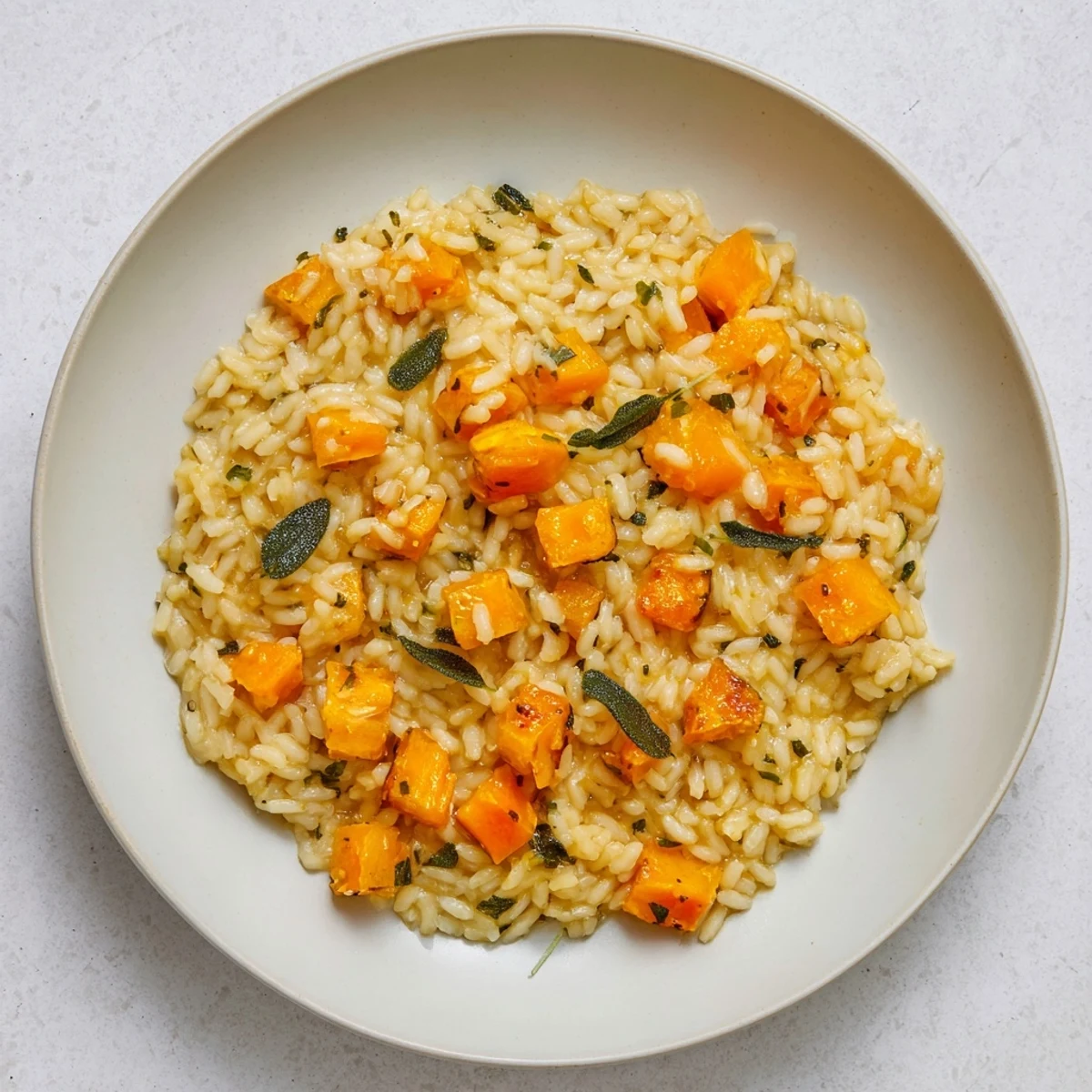Close-up of Creamy Winter Squash Risotto, showcasing the creamy Arborio rice and tender squash.
