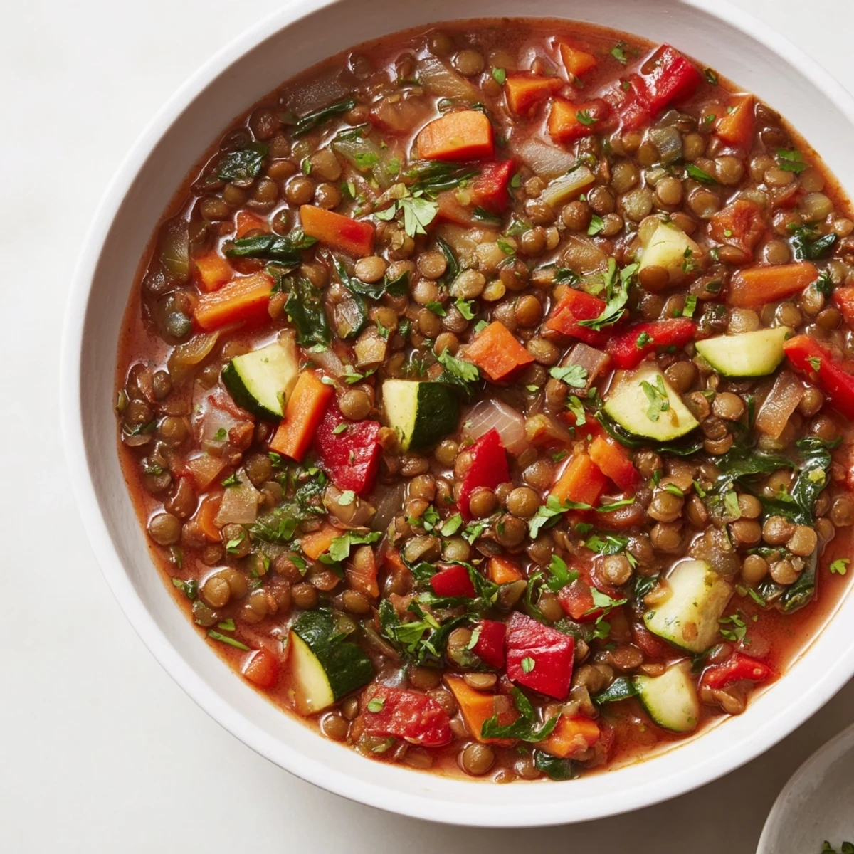 A close-up of Hearty Lentil and Vegetable Stew shows a rich, flavorful broth with fresh herbs, ready to serve.