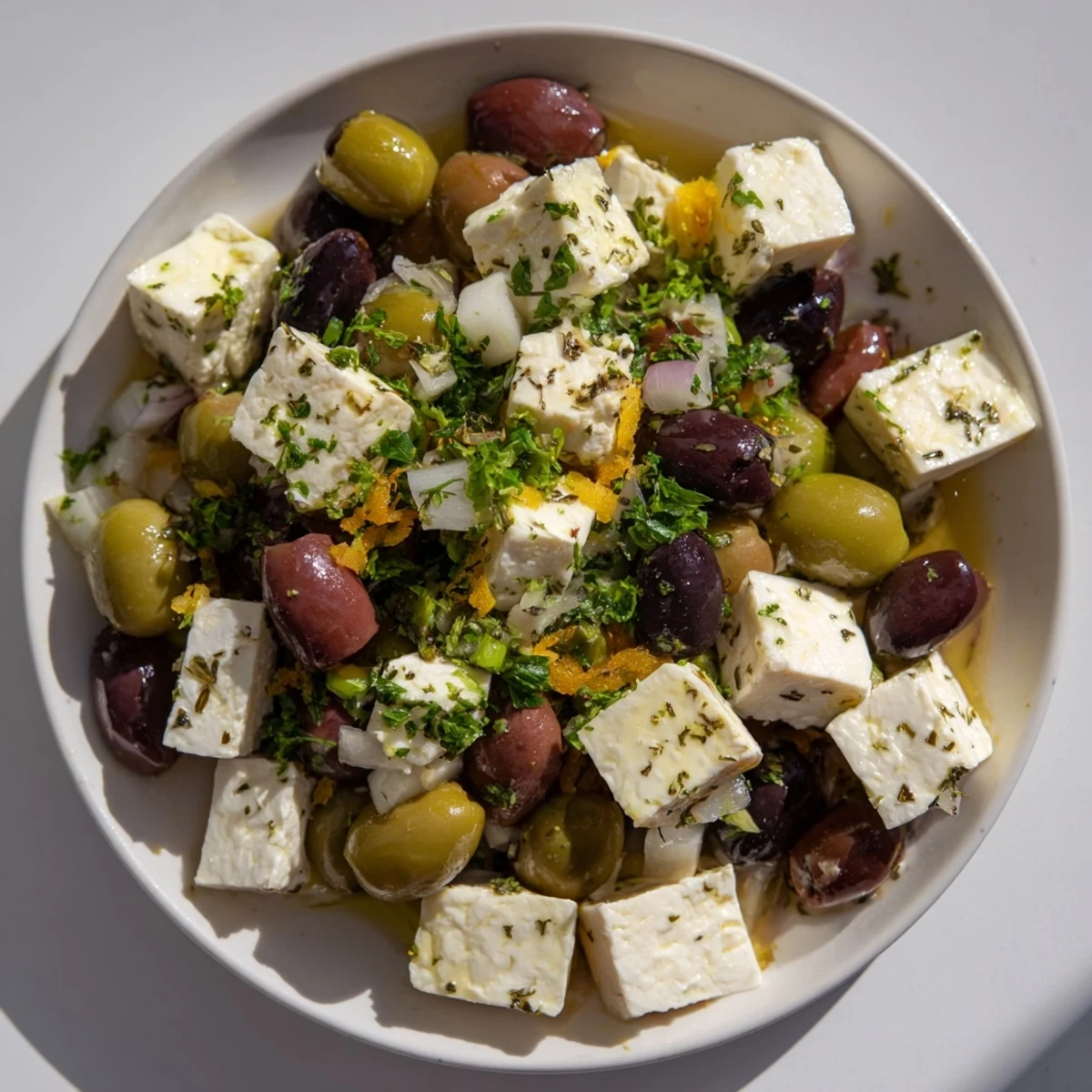 A close-up shot of Citrus Marinated Olives and Feta glistening, ready to serve as a flavorful appetizer.