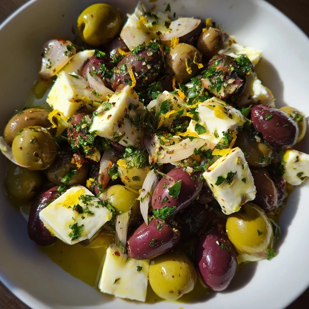 Vibrant Citrus Marinated Olives and Feta: a delightful appetizer with bright citrus and creamy feta.