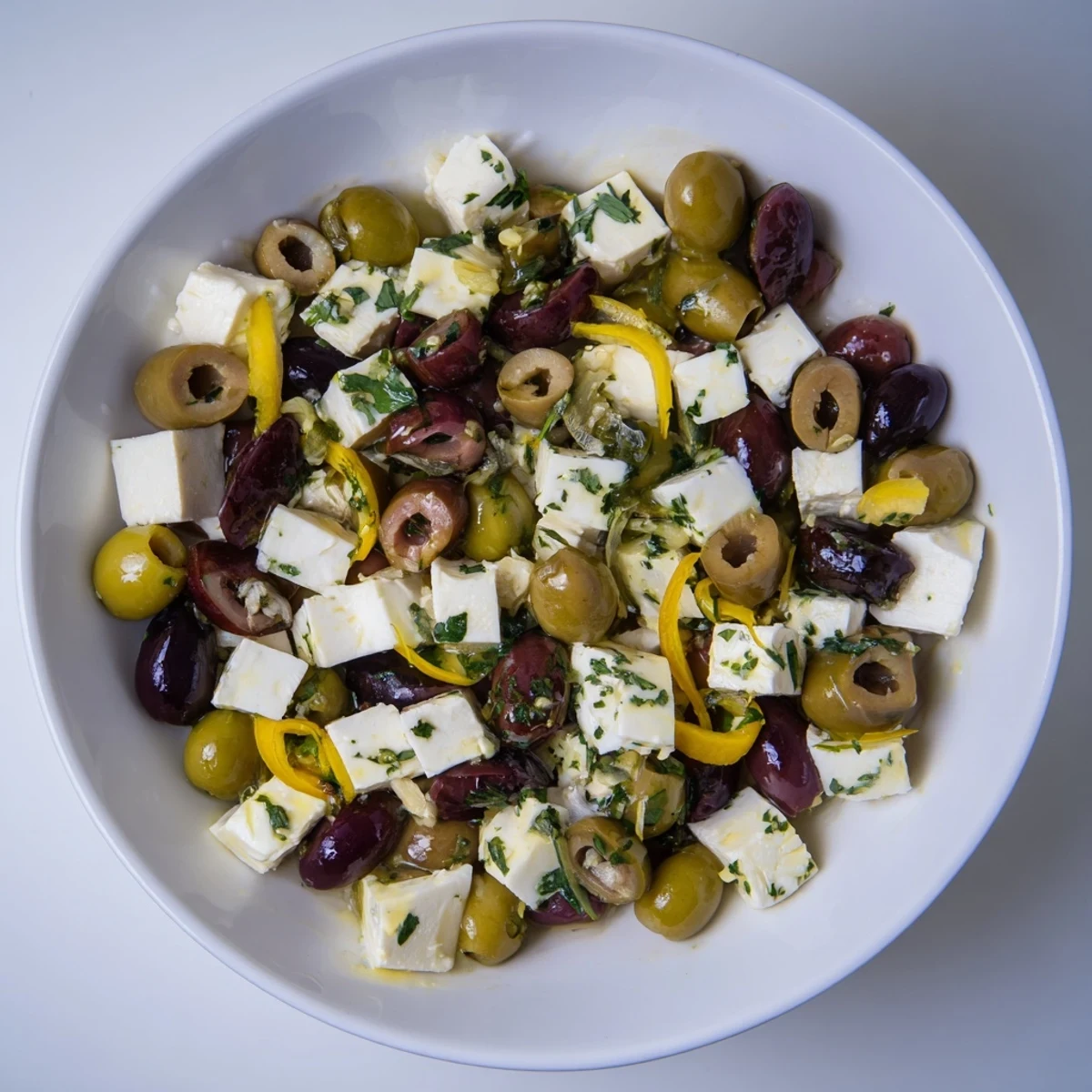 Enjoy a bowl of tangy Citrus Marinated Olives and Feta, perfect for your next Mediterranean spread.