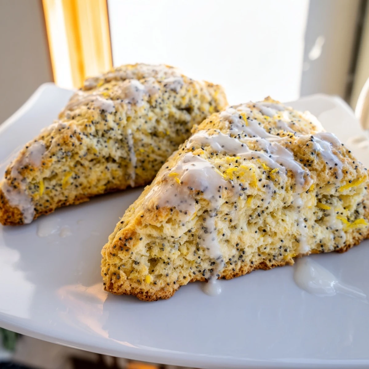 Golden-brown Zesty Lemon and Poppy Seed Scones, fresh from the oven, offering a delightful aroma and texture.
