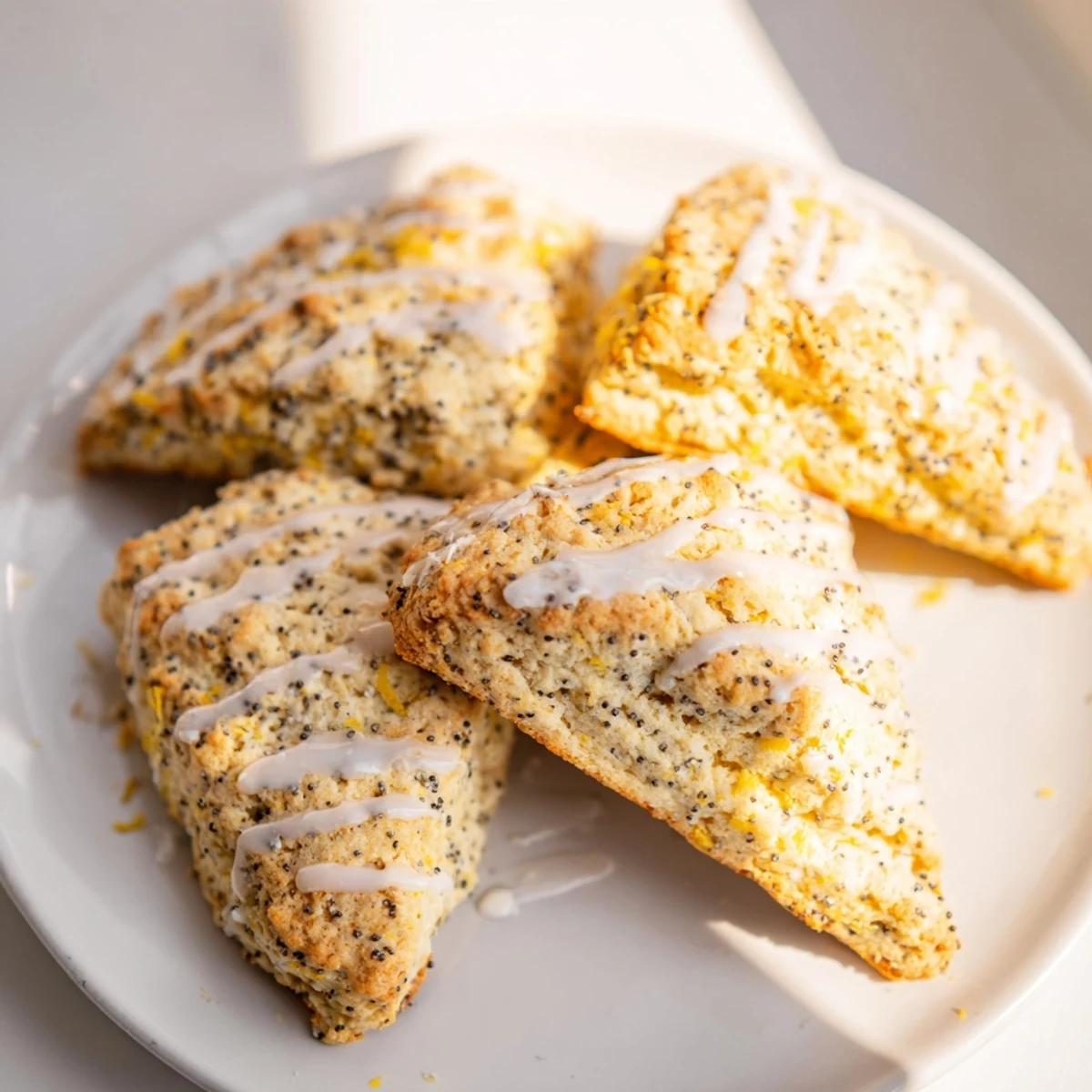 Fluffy, tender Zesty Lemon and Poppy Seed Scones, served warm with a drizzle of sweet lemon glaze.