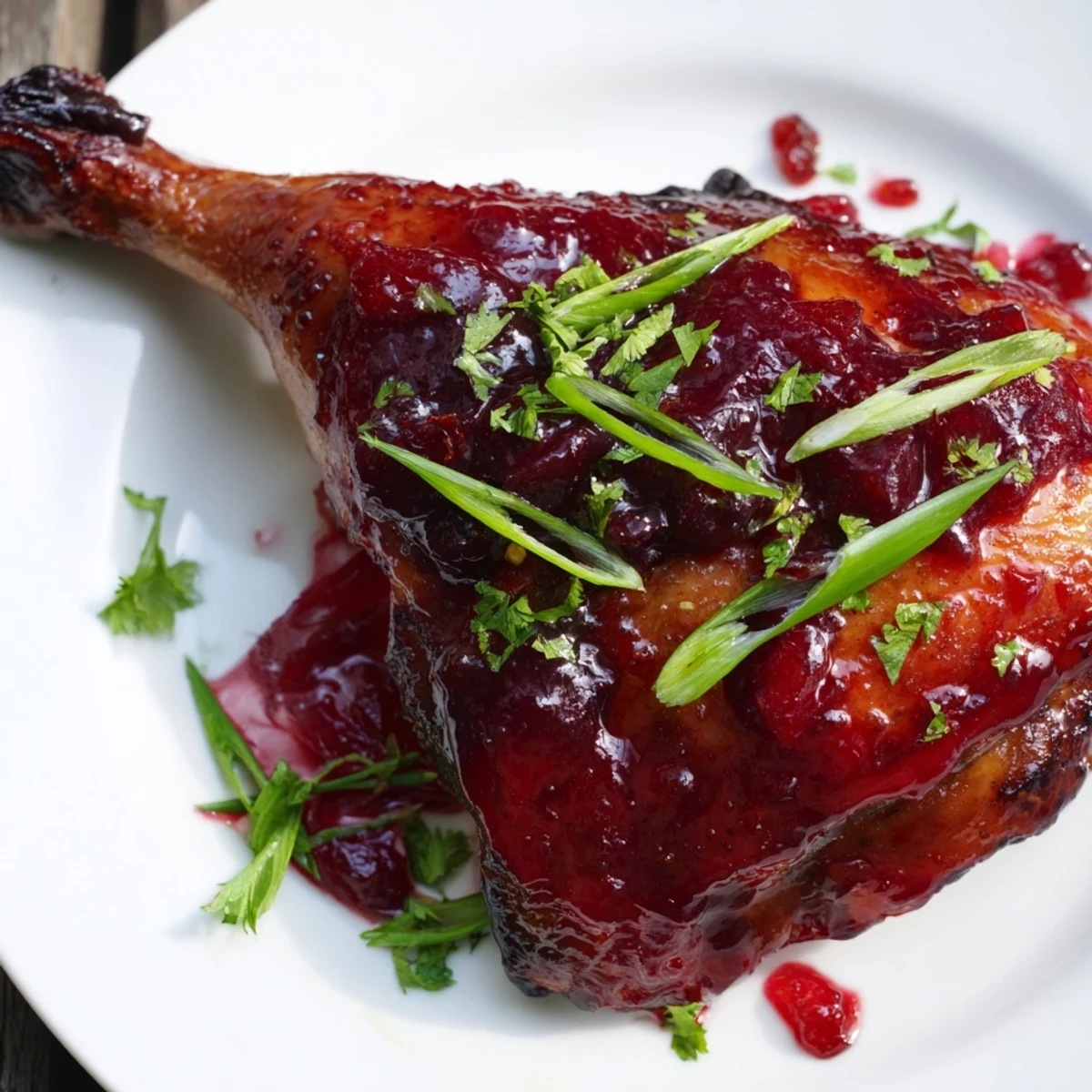Crispy roasted duck legs, gleaming with plum sauce, ready for a delicious dinner.
