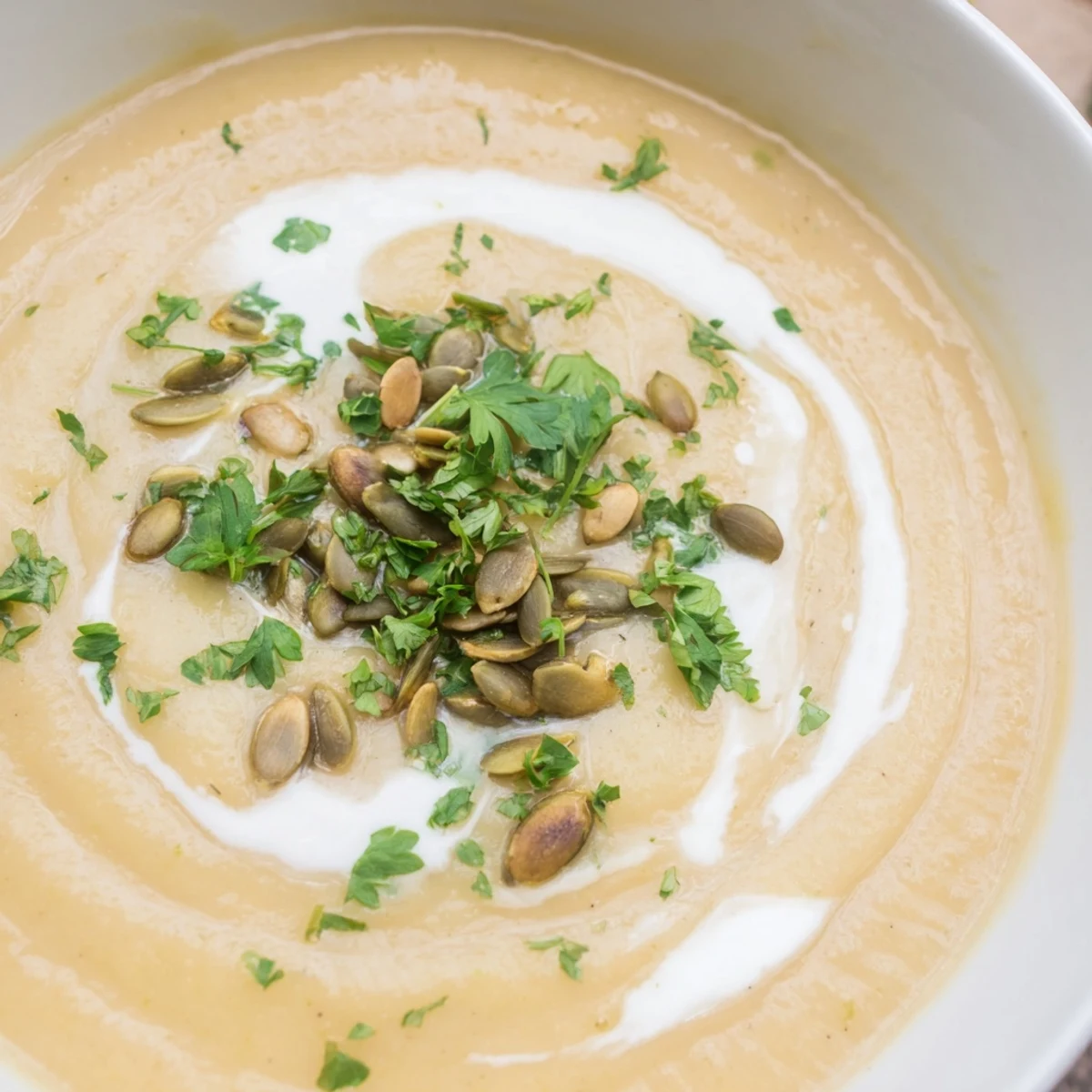 Creamy Spiced Parsnip and Apple Soup, garnished with fresh herbs alongside a warm bread bowl.