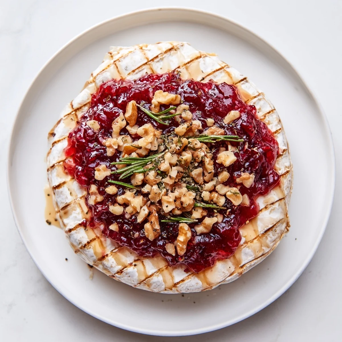 Baked Camembert with Cranberry Jam: a warm, melted cheese wheel with sweet cranberry topping, served with crusty bread.