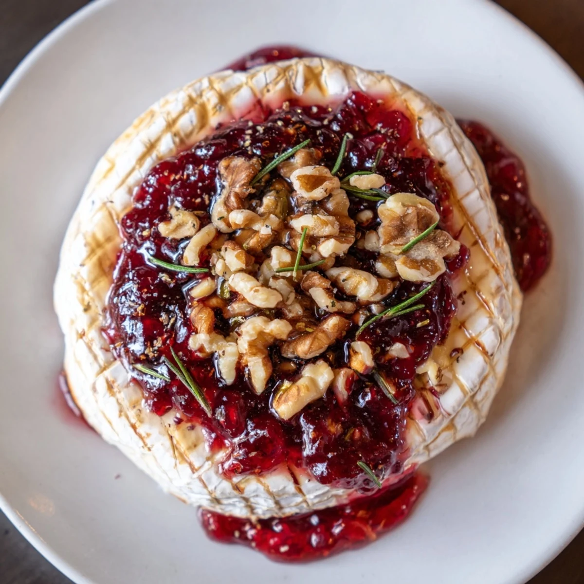 Gooey baked Camembert with cranberry jam, its rich flavor perfect for dipping with toasted baguette slices.