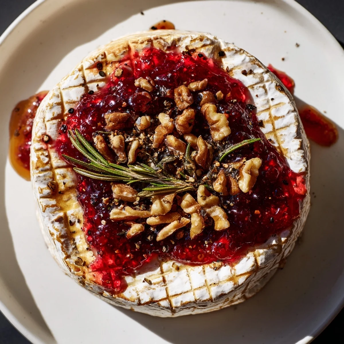 A close-up of baked Camembert with cranberry jam glistening, ready for spreading on crackers or crusty bread.