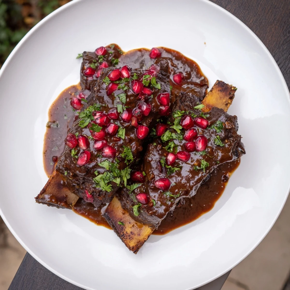Tender slow braised beef short ribs glistening with a rich, dark sauce and vibrant pomegranate seeds.