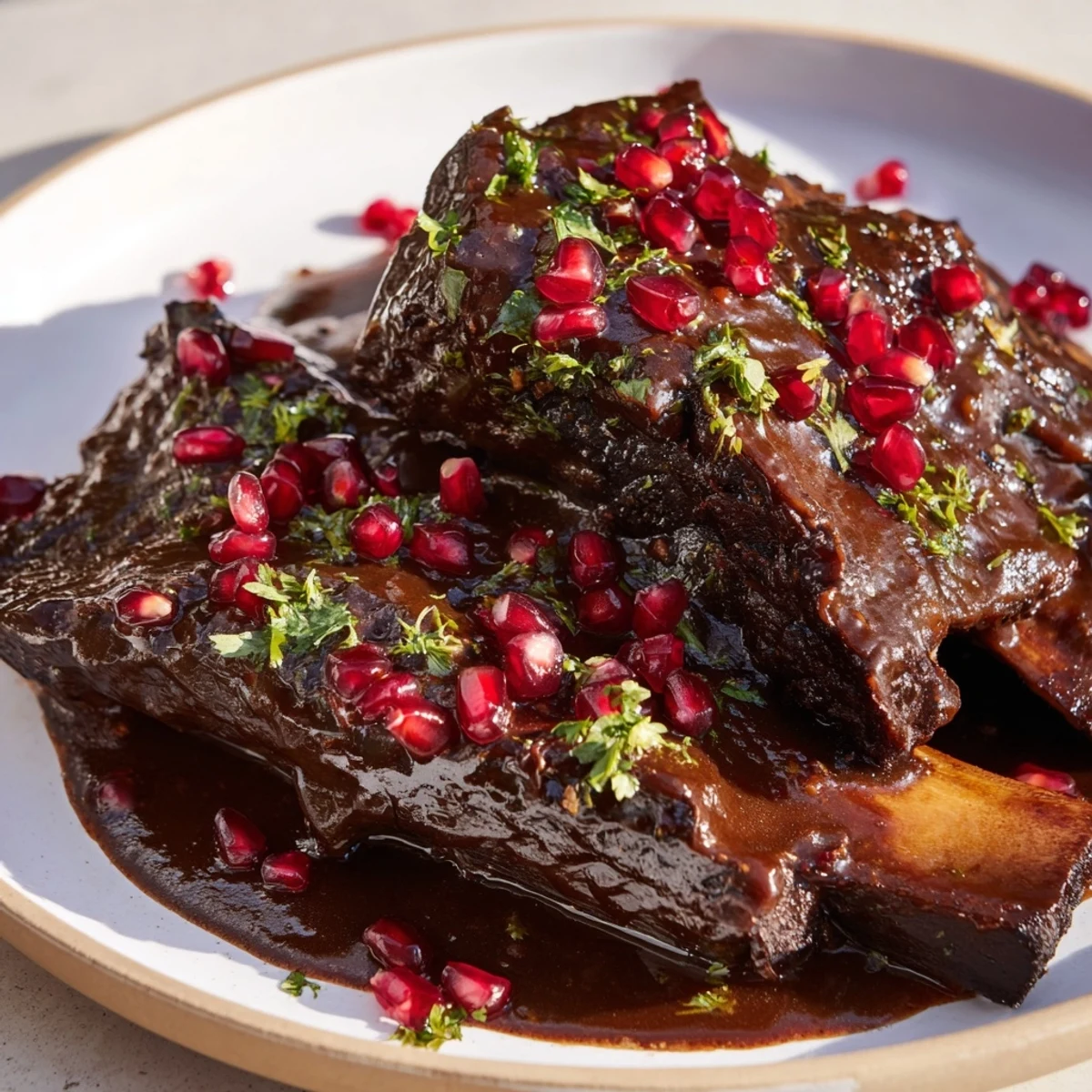 Succulent Slow Braised Beef Short Ribs accompanied by fresh parsley and juicy ruby pomegranate garnishes.