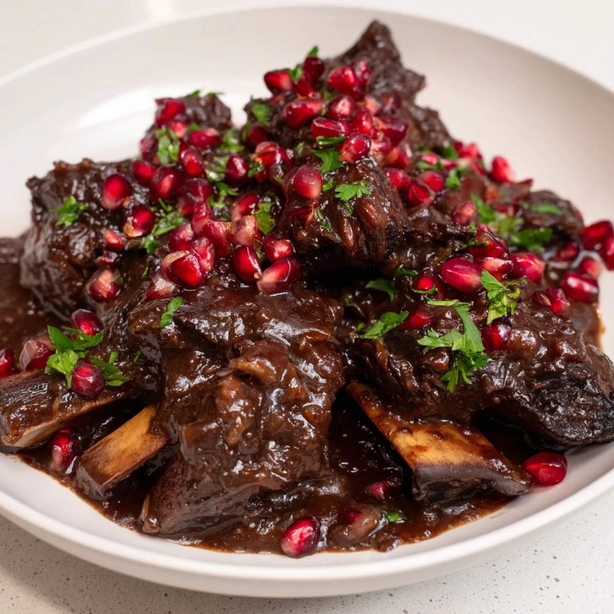 Close-up shot shows fork-tender Slow Braised Beef Short Ribs ready to serve with a flavorful sauce.