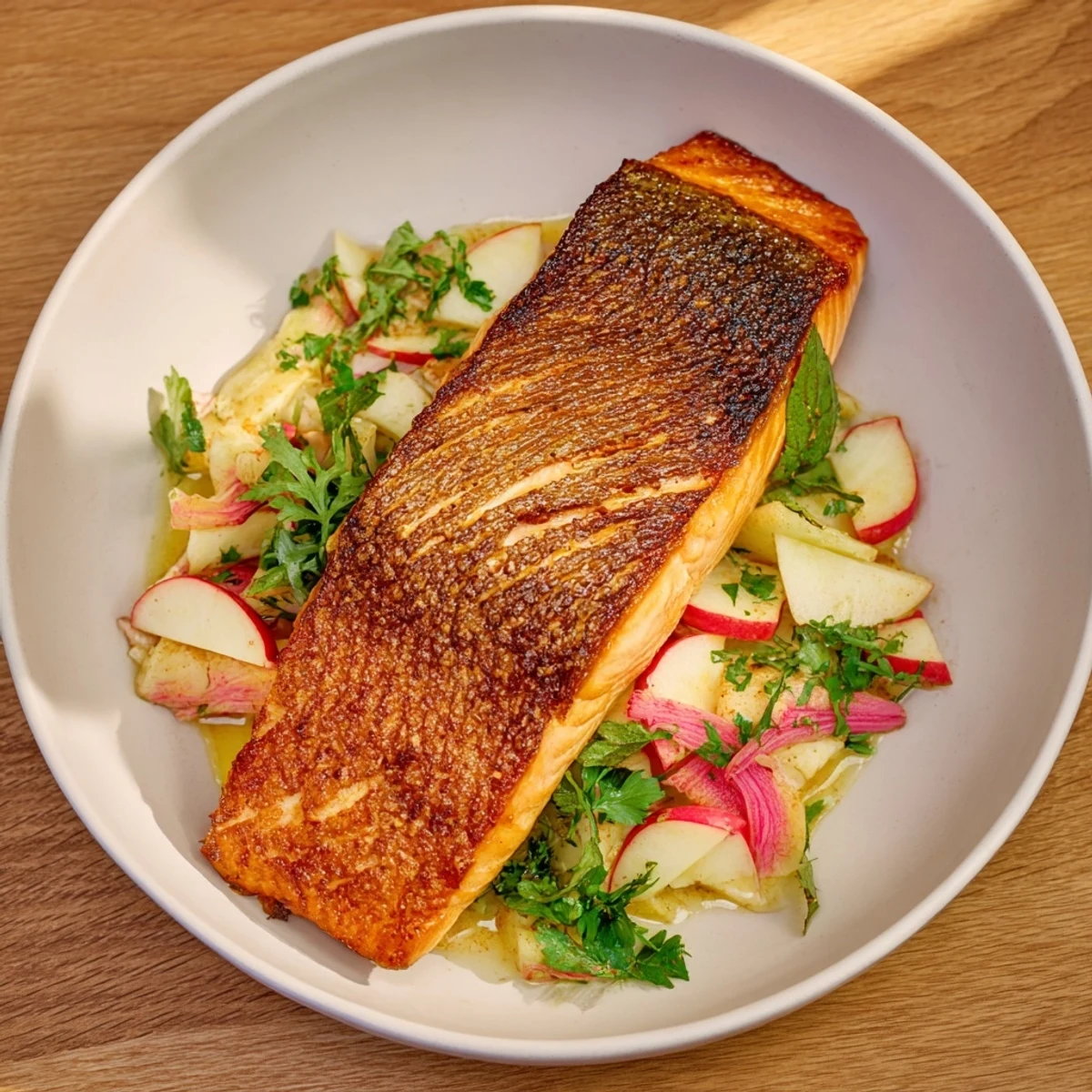Golden, crispy skin on this salmon fillet highlights the beautiful Crispy Skin Salmon main dish.