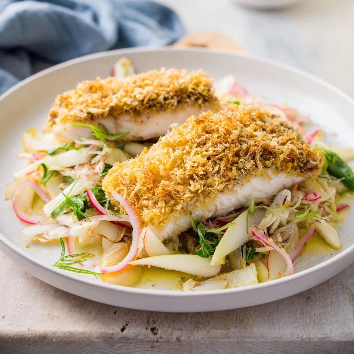 Perfectly seared Crispy Skin Salmon with a crunchy fennel slaw, ready to be enjoyed as a meal.