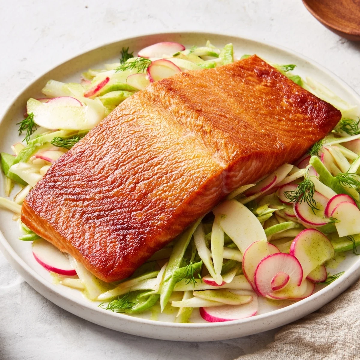 Freshly assembled Crispy Skin Salmon, served on a bed of fennel slaw, is a delicious, healthy dinner.