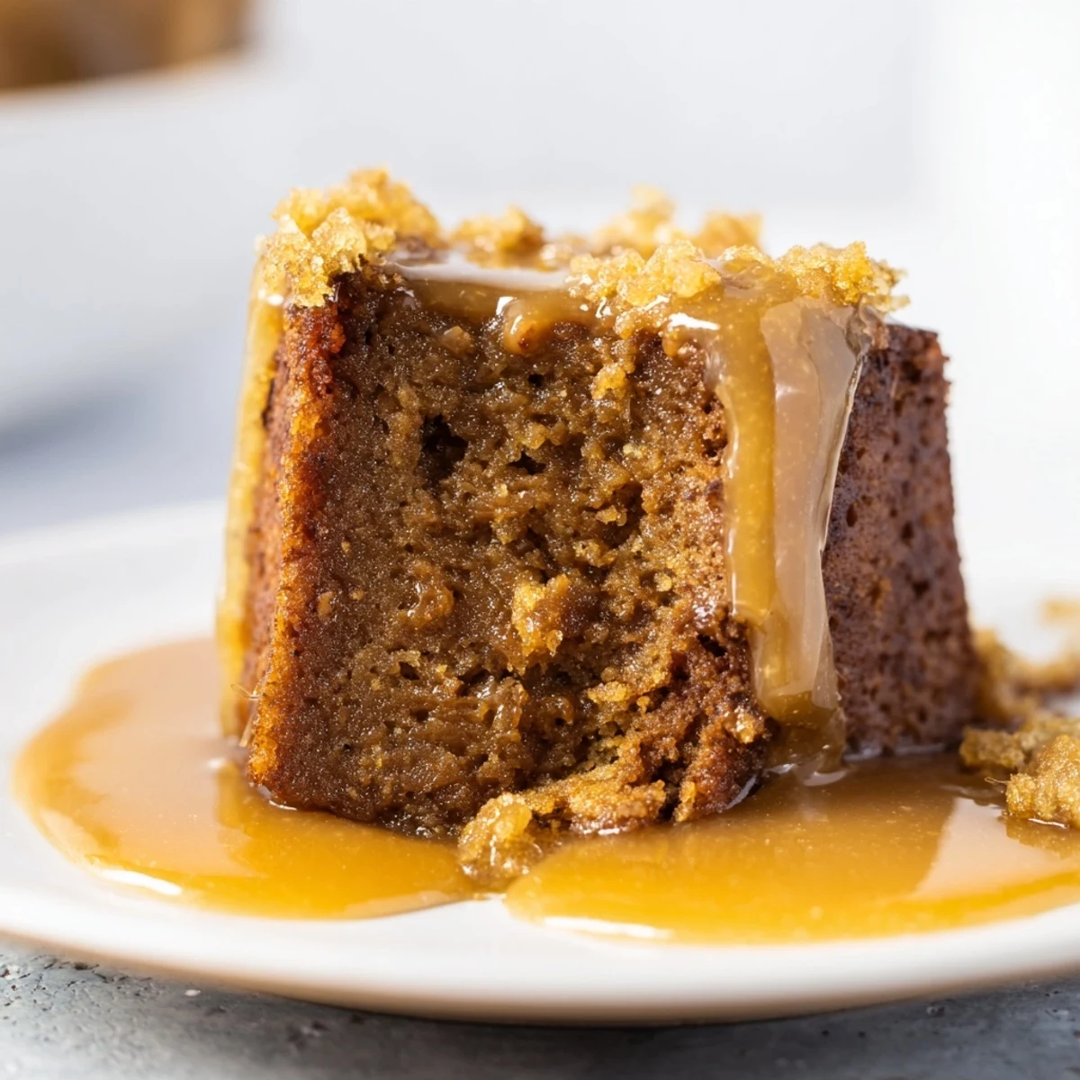 Warm gingerbread pudding with caramel: A warm slice, oozing caramel, delivering spiced comfort and sweetness.