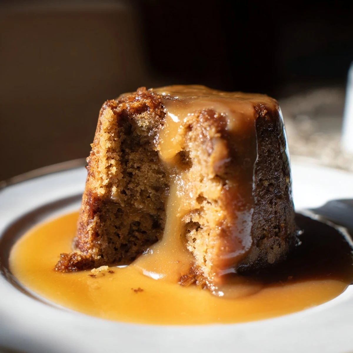 Freshly baked warm gingerbread pudding with caramel, smelling of ginger and cinnamon, ready to drizzle.