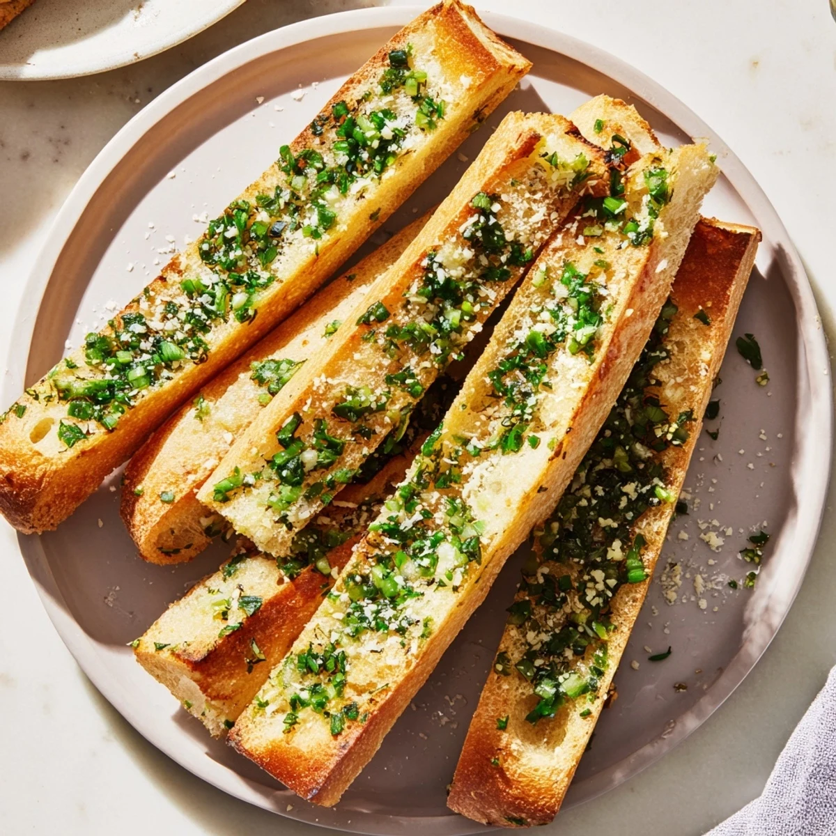 Golden, toasty garlic bread, fresh from the oven, with melting, herbed garlic butter.