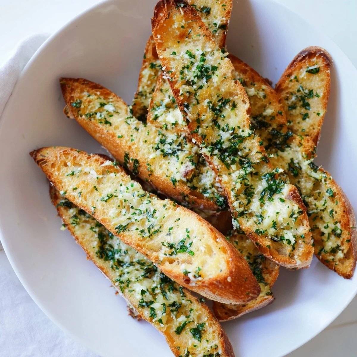 Crispy, aromatic garlic bread, perfect for dipping, alongside a comforting bowl of soup.