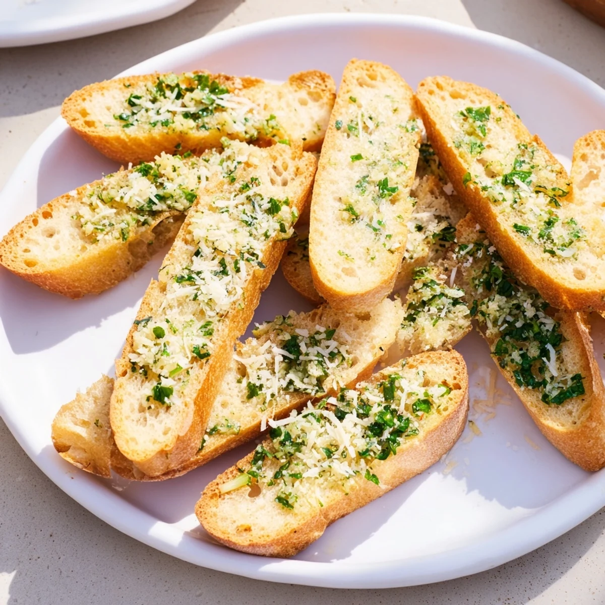 Close-up of golden-brown garlic bread, showcasing the savory garlic butter and herbs topping.