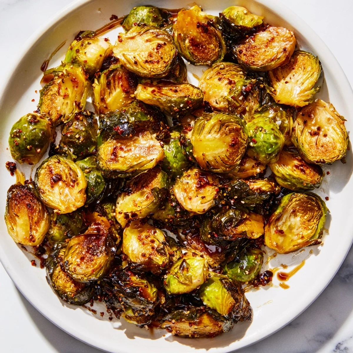 Golden brown and crispy Roasted Brussels Sprouts, ready to serve as a delicious side.