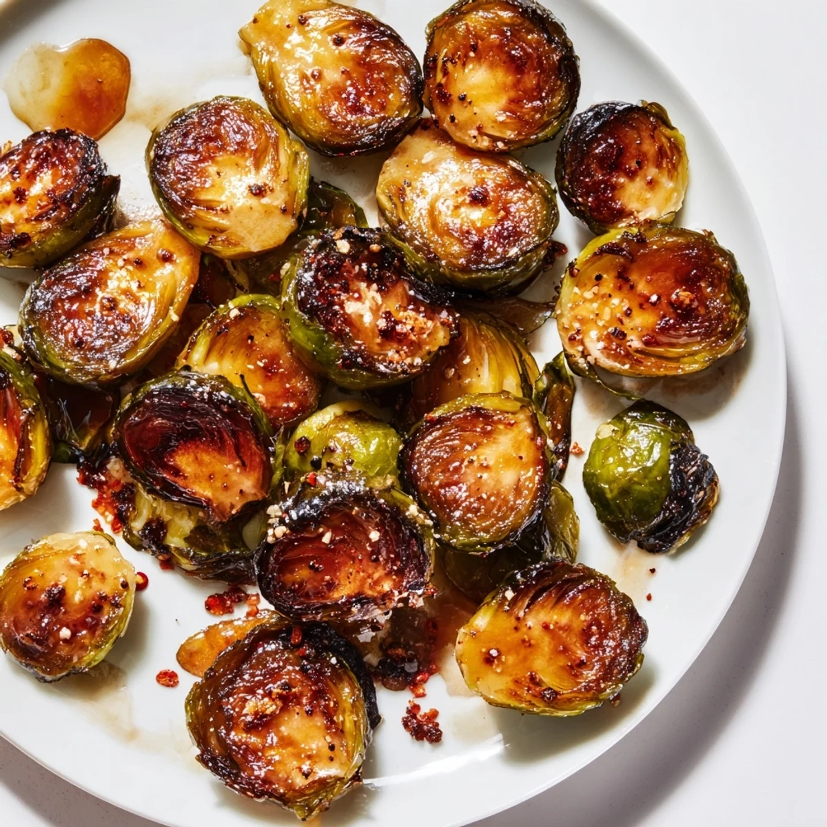 A close-up of perfectly caramelized Roasted Brussels Sprouts, with dark, crispy edges.